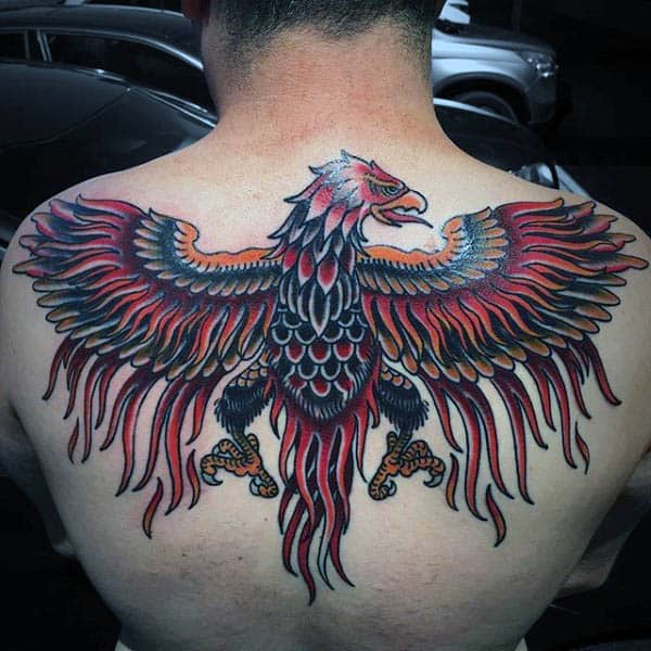 Old School Phoenix Mens Upper Back Tattoo Designs