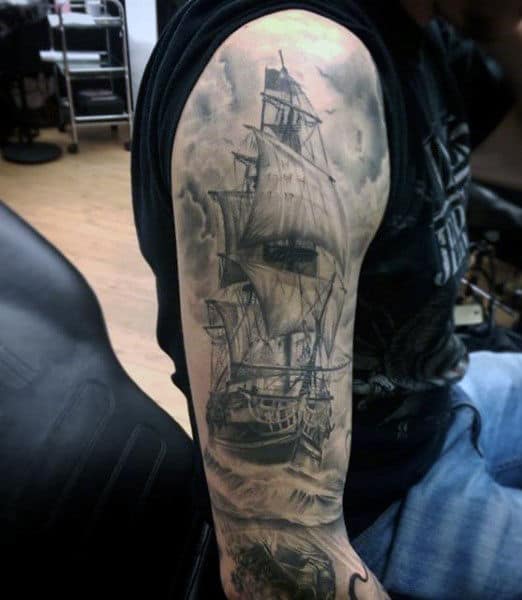 Old School Pirate Ship Male Tattoos