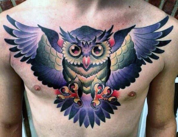 Old School Purple And Green Mens Owl Tattoo On Upper Chest