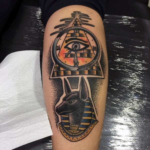 Old School Pyramid With Anubis Head Mens Leg Calf Tattoos