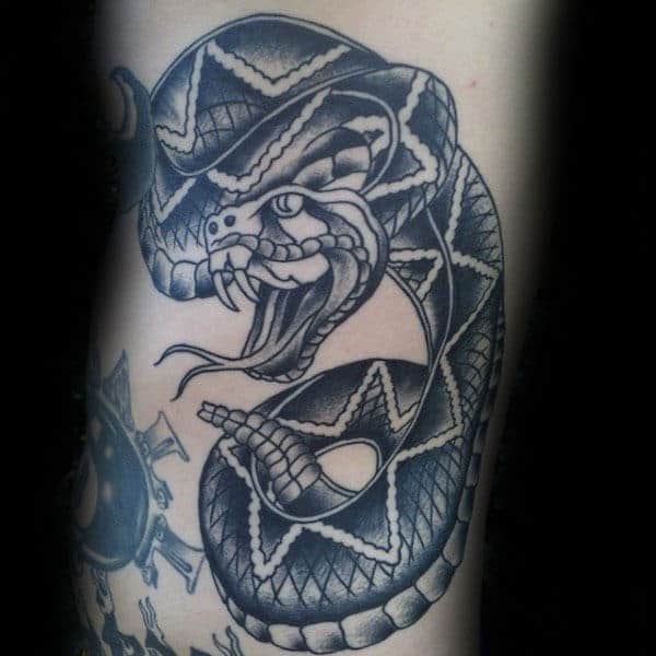 Old School Rattlesnake Tattoo On Male Ribs