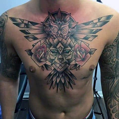 Old School Retro Geometric Rose With Owl Guys Chest Tattoo
