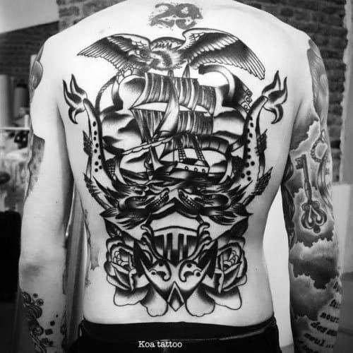 Old School Retro Guys Traditional Ship Back Tattoo Design Ideas