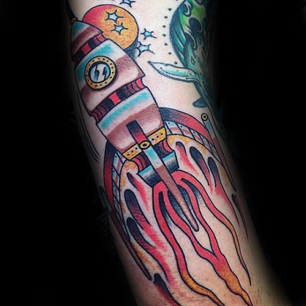 Old School Rocket Ship Retro Guys Arm Tattoo