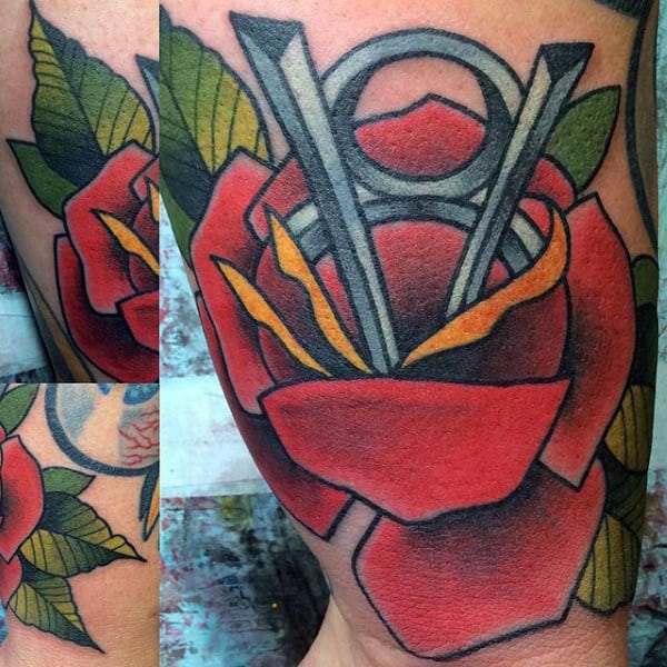 Old School Rose Flower Mens Traditional V8 Inner Arm Bicep Tattoos
