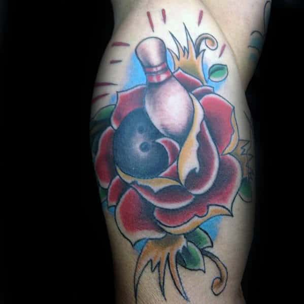 Old School Rose Flower With Bowling Theme Tattoo On Mans Inner Arm