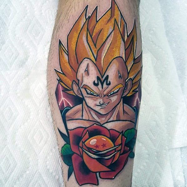 Old School Rose Flower With Vegeta Mens Leg Tattoo Designs