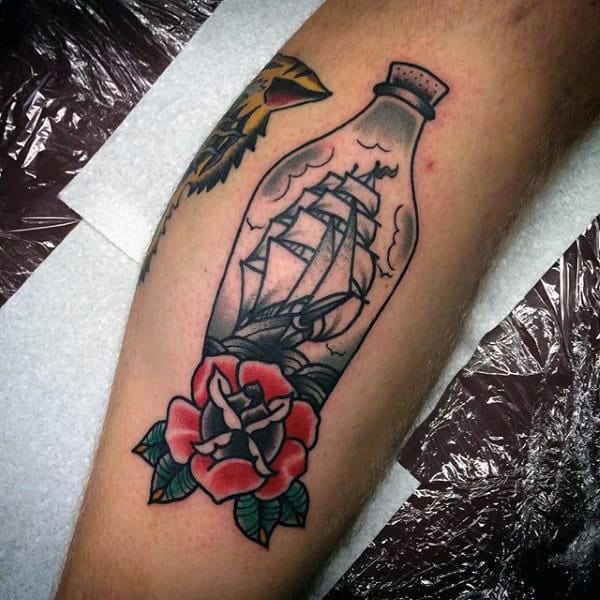 Old School Sailor Jerry Ship In A Bottle Tattoo For Men On Leg Calf With Red Rose Flower