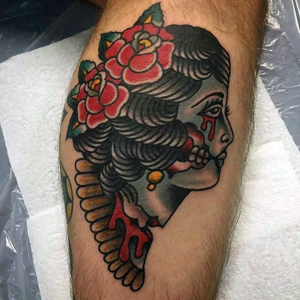 Old School Sailor Jerry Zombie Tattoo On Leg Calf Of Man