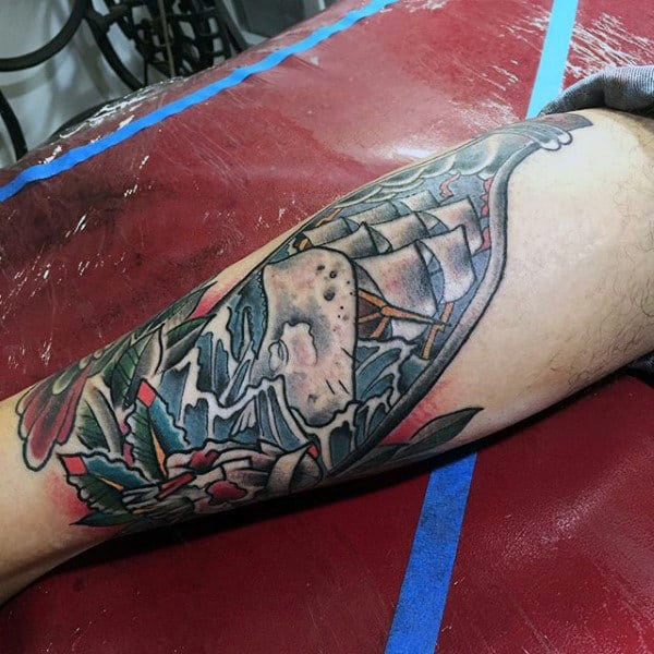 Old School Ship In A Bottle Leg Male Tattoos