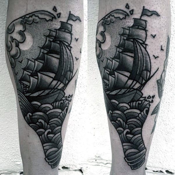 Old School Ship In A Bottle Shaded Tattoos For Guys On Outer Forearm