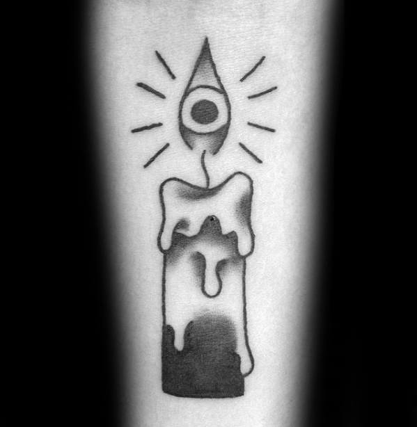 Old School Simple Guys Traditional Candle With Eye Tattoo On Inner Forearm