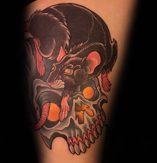 Old School Skull And Rat Arm Tattoo Design On Gentleman