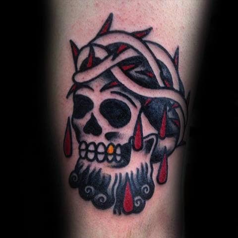 Old School Skull With Crown Of Thorns Guys Thigh Tattoo