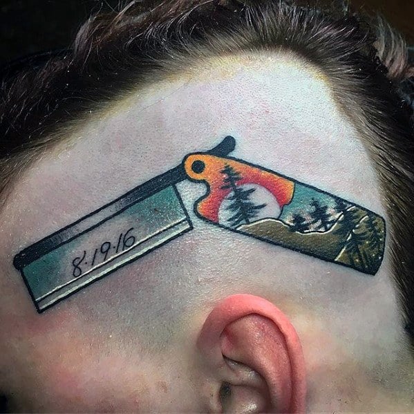 Old School Small Nature Straight Razor Forest Guys Head Tattoo
