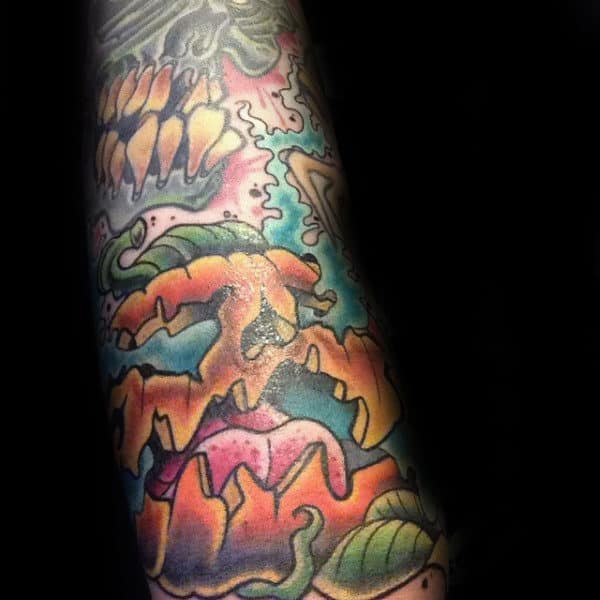 Old School Smashed Pumpkin Forearm Tattoo For Guys