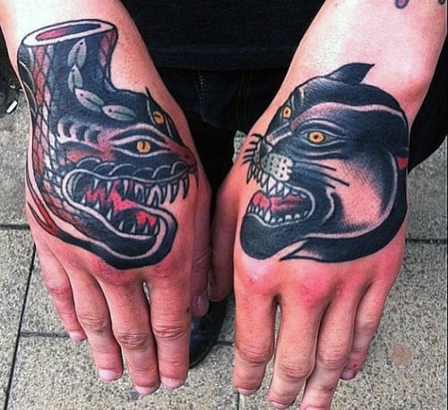 Old School Snake With Panther Traditional Male Hand Tattoos