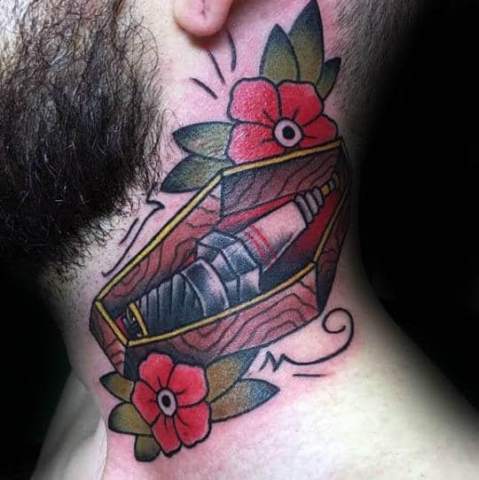 Old School Spark Plug In Coffin Mens Neck Tattoos