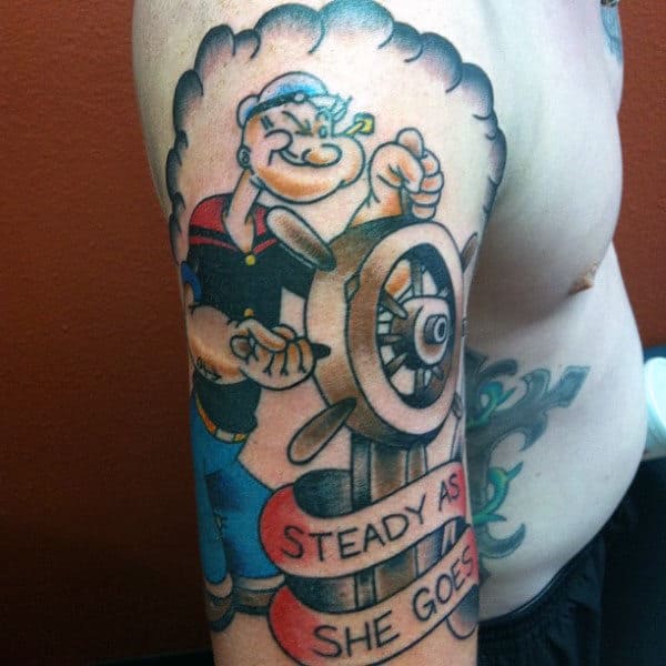 Old School Steady As She Goes Popeye Steering Wheell On Ship Mens Upper Arm Tattoo