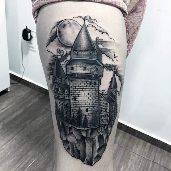 Old School Stone Wall Castle Mens Thigh Tattoo Design Ideas