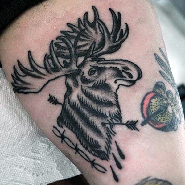 Old School Thigh Black Ink Moose With Arrow Male Tattoo Ideas