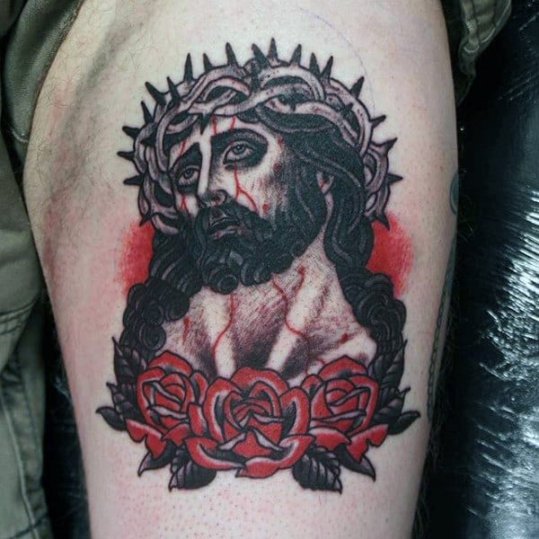 Old School Thigh Tattoo For Guys Of Jesus Christ With Red Rose Flowers