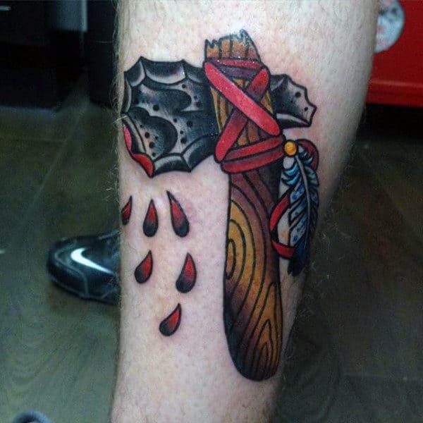 Old School Tomahawk Leg Tattoo For Men