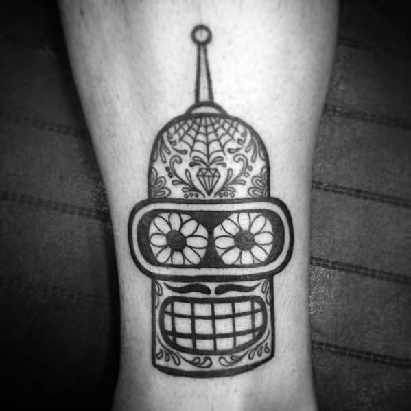 Old School Traditiona Robot Head Mens Bender Day Of The Dead Themed Leg Tattoo