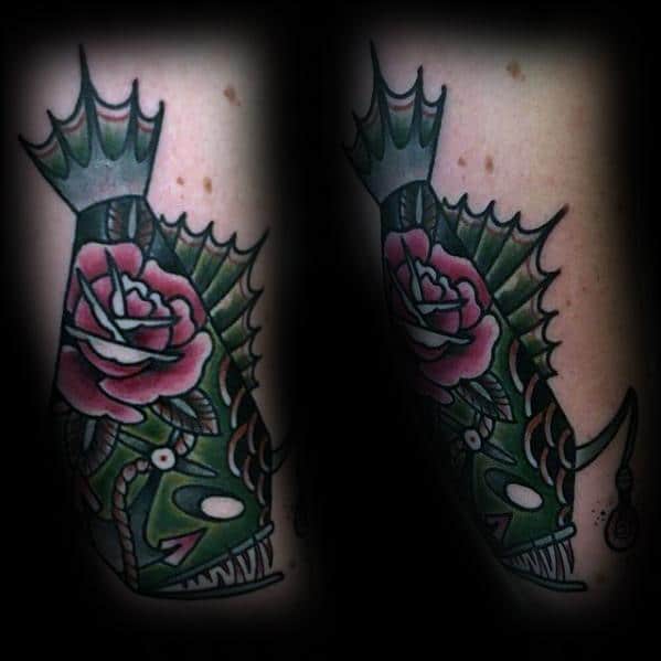 Old School Traditional Angler Fish With Rose Flower Tattoos Men