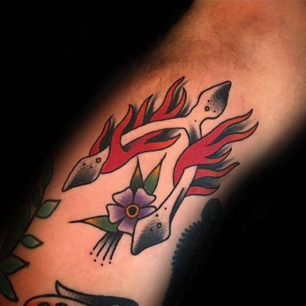 Old School Traditional Arm Awesome Flaming Wishbone Tattoos For Men