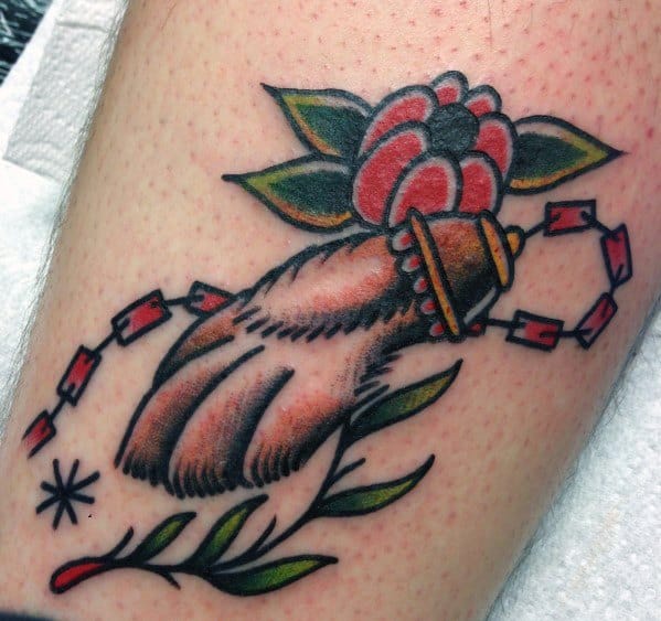 Old School Traditional Arm Flower With Rabbit Foot Male Tattoos