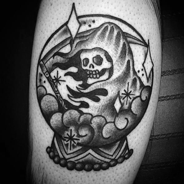 Old School Traditional Artistic Male Grim Reaper Crystal Ball Tattoo Ideas On Leg Calf
