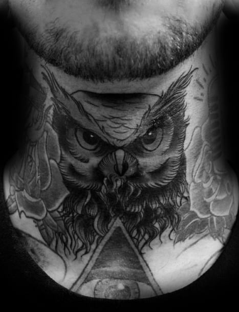Old School Traditional Awesome Owl Neck Tattoos For Men