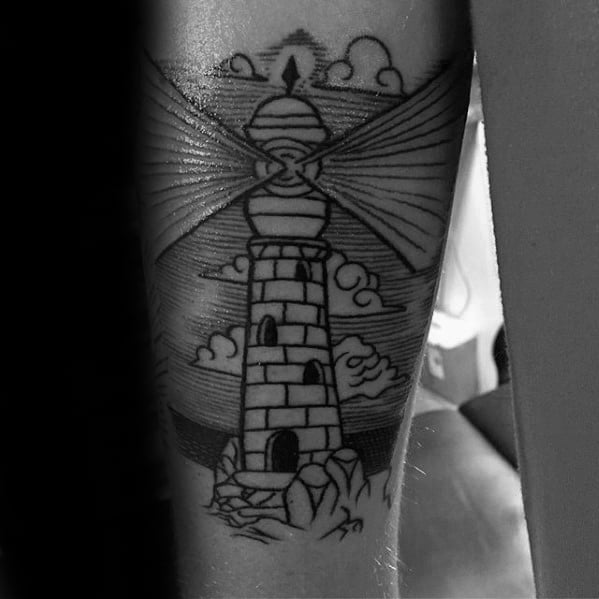Old School Traditional Back Of Arm Lighthouse Tattoos For Guys