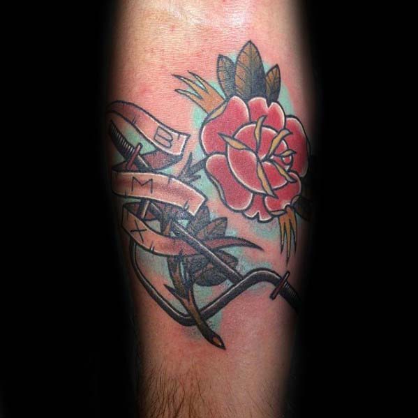 Old School Traditional Bmx Banner With Handlebars And Rose Flower Mens Tattoos