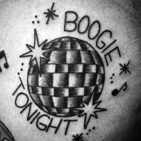 Black and grey disco ball tattoo with 'Boogie Tonight' text, sparkles, and music notes, capturing a fun retro dance vibe.