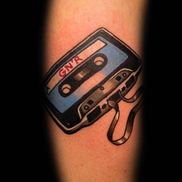 Old School Traditional Cassette Tape Leg Tattoo On Gentleman