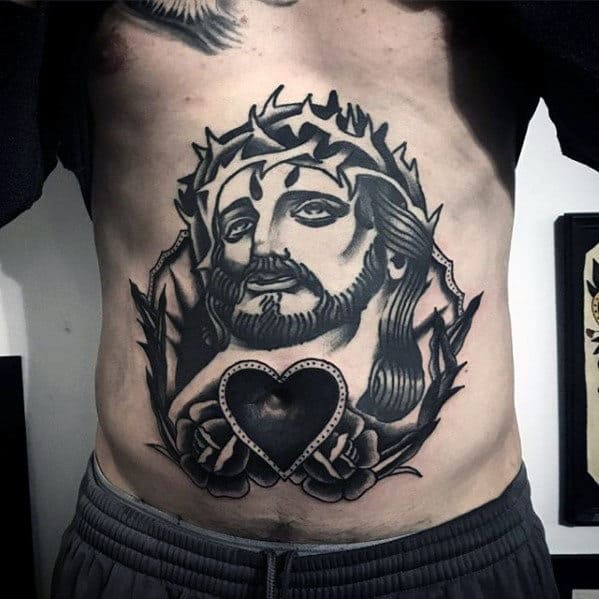 Old School Traditional Catholic Jesus Heart Mens Stomach Tattoo