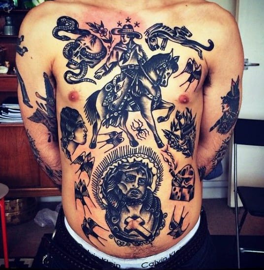 Old School Traditional Chest Tattoo Designs For Gentlemen