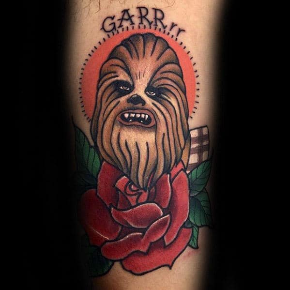 Old School Traditional Chewbacca Red Rose Flower Mens Forearm Tattoo
