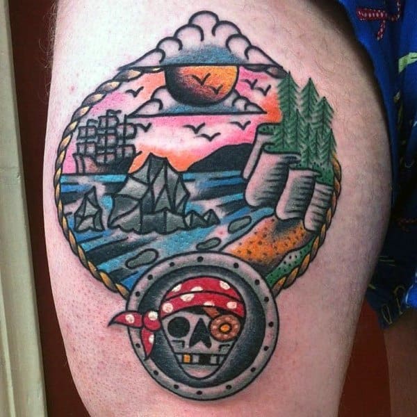 Colorful tattoo inspired by The Goonies, featuring a scenic pirate map with a ship, rocky island, and a porthole showing a skull with a bandana.