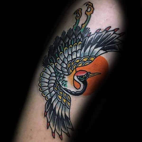 Old School Traditional Crane Mens Arm Tattoo