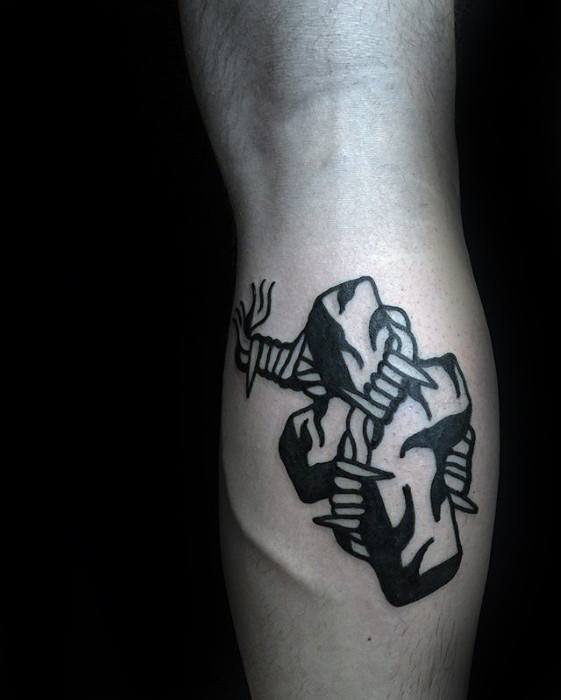 Old School Traditional Cross With Barb Wire Mens Simple Leg Calf Tattoos