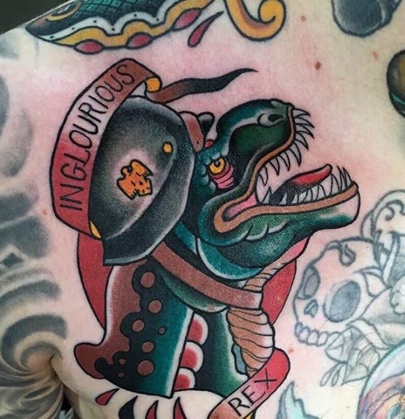 Old School Traditional Dinosaur Jurassic Park Tattoos For Men On Upper Chest