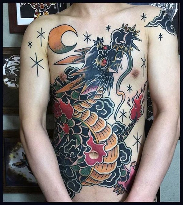 Old School Traditional Dragon Chest Tattoo Ideas For Men