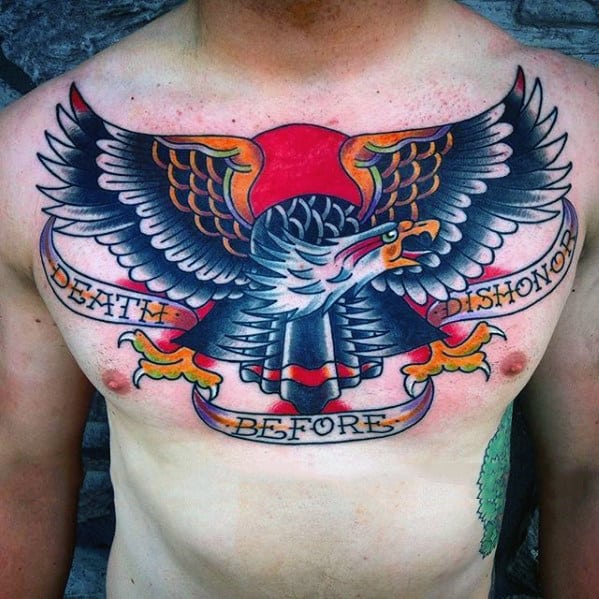 Old School Traditional Eagle Death Before Dishonor Mens Chest Tattoo