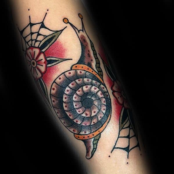 Old School Traditional Forearm Guy With Snail Tattoo Design