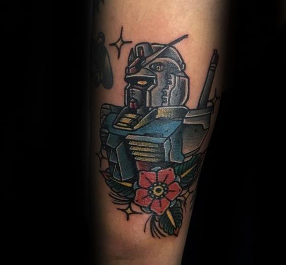 Old School Traditional Forearm Male Tattoo With Gundam Design
