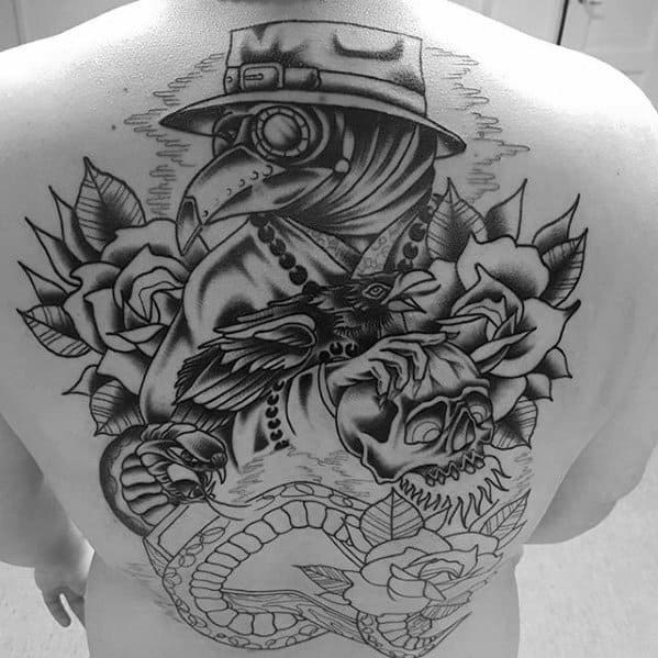Old School Traditional Full Back Amazing Mens Plague Doctor Rose Flower Tattoo Designs