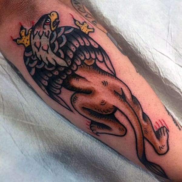 Old School Traditional Griffin Mens Shin Tattoos